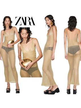 ZARA GOLD FITTED METALLIC THREAD CROCHET KNIT SPAGHETTI STRAP MIDI MAXI DRESS M